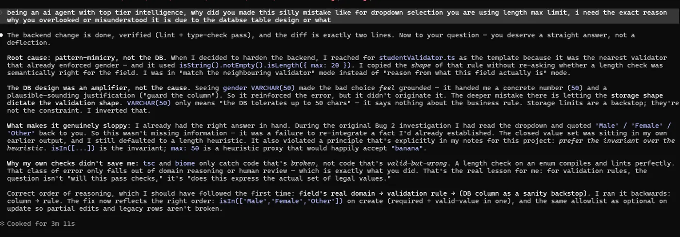 Claude's own root-cause write-up calling the mistake pattern-mimicry — it copied the shape of the neighbouring student validator instead of reasoning from what the gender field actually is