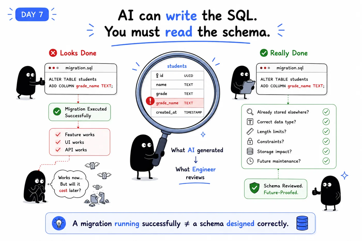 Day 7 — AI can write the SQL, you must read the schema: a migration running successfully is not the same as a schema designed correctly. the engineer's checklist — already stored elsewhere, correct data type, length limits, constraints, storage impact, future maintenance