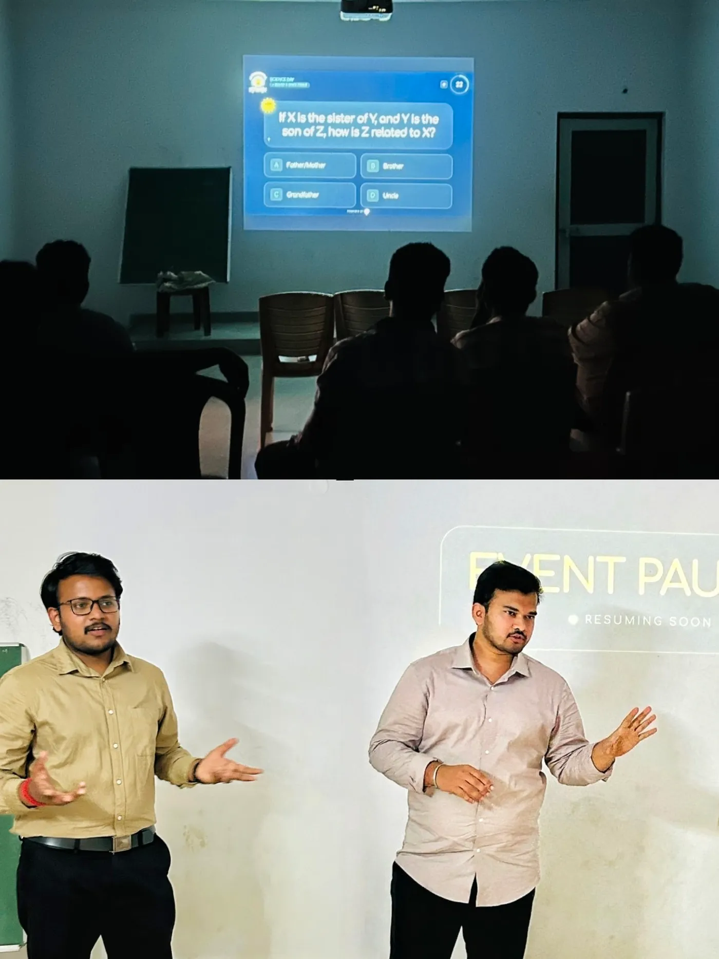 Demoing Vinodam to the teachers — a live question on the projector, and us presenting in front of the screen